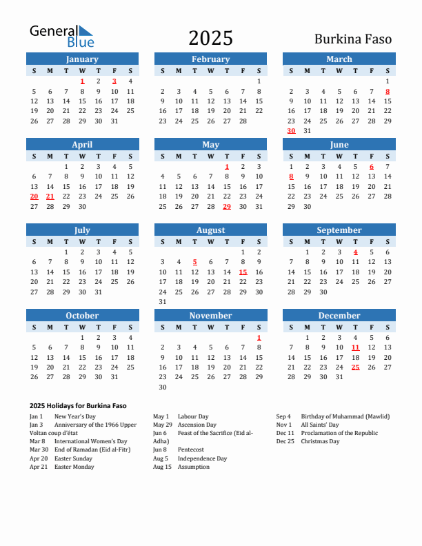 Printable Calendar 2025 with Burkina Faso Holidays (Sunday Start)