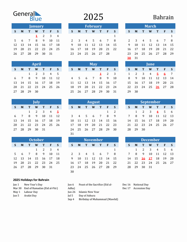 Printable Calendar 2025 with Bahrain Holidays (Sunday Start)