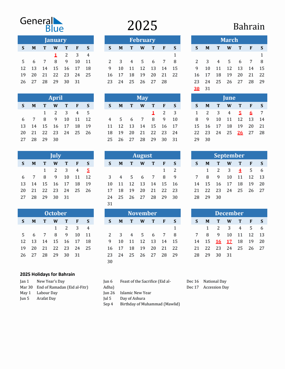 2025 Printable Calendar with Bahrain Holidays