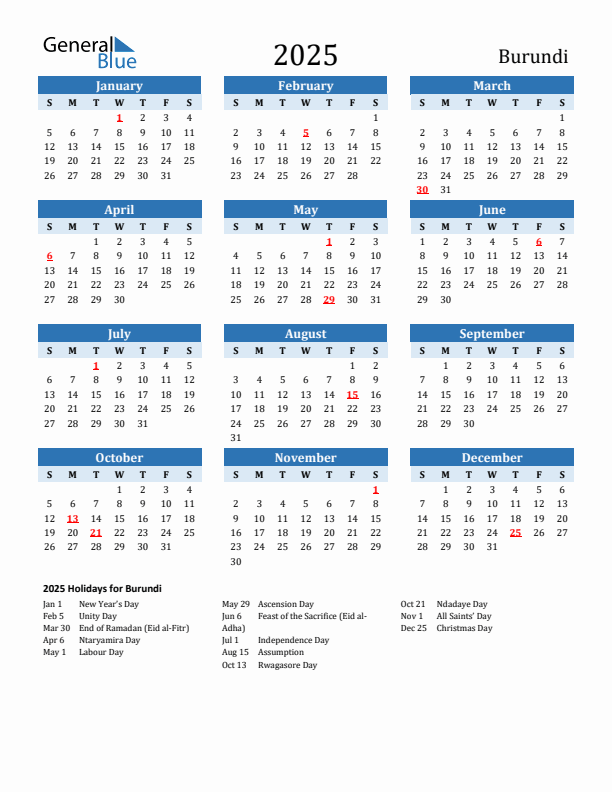 Printable Calendar 2025 with Burundi Holidays (Sunday Start)