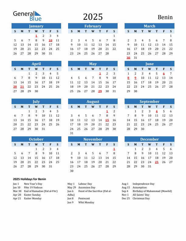 Printable Calendar 2025 with Benin Holidays (Sunday Start)