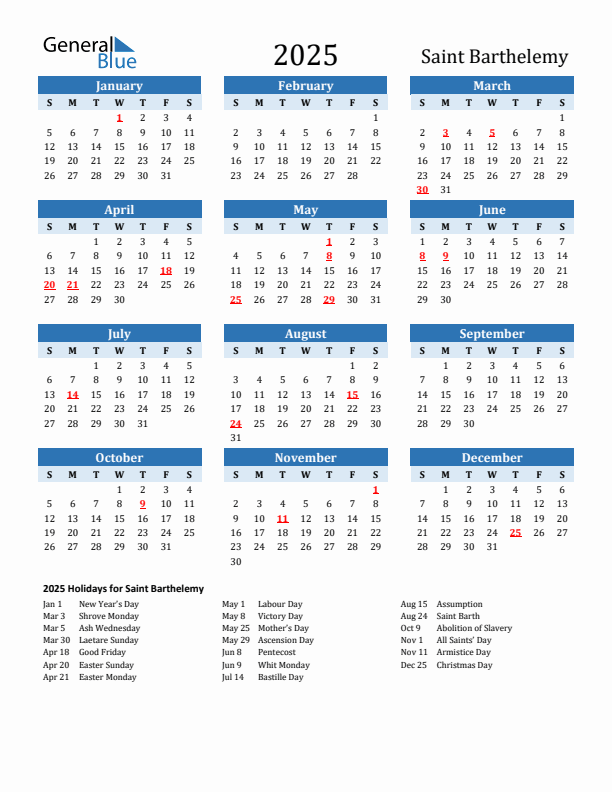 Printable Calendar 2025 with Saint Barthelemy Holidays (Sunday Start)