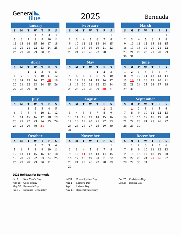 Printable Calendar 2025 with Bermuda Holidays (Sunday Start)