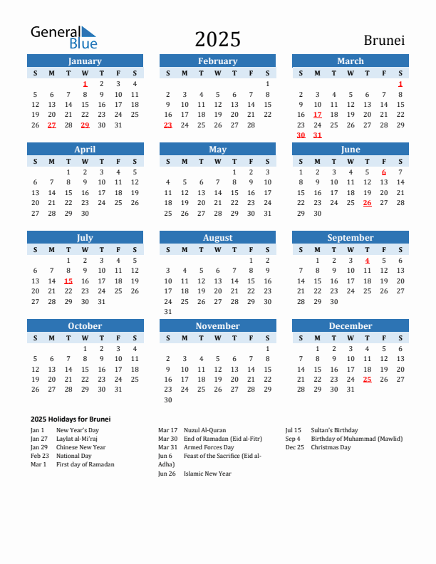 Printable Calendar 2025 with Brunei Holidays (Sunday Start)