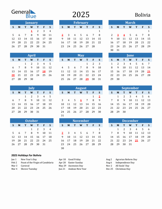 Printable Calendar 2025 with Bolivia Holidays (Sunday Start)
