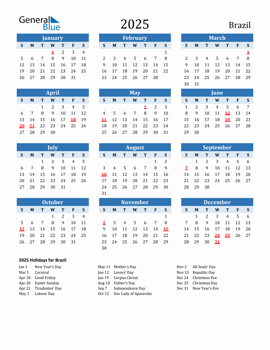 2025 Printable Calendar with Brazil Holidays