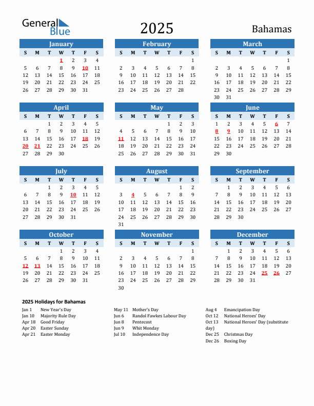 Printable Calendar 2025 with Bahamas Holidays (Sunday Start)