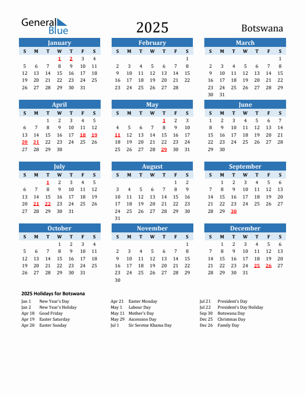 Printable Calendar 2025 with Botswana Holidays (Sunday Start)