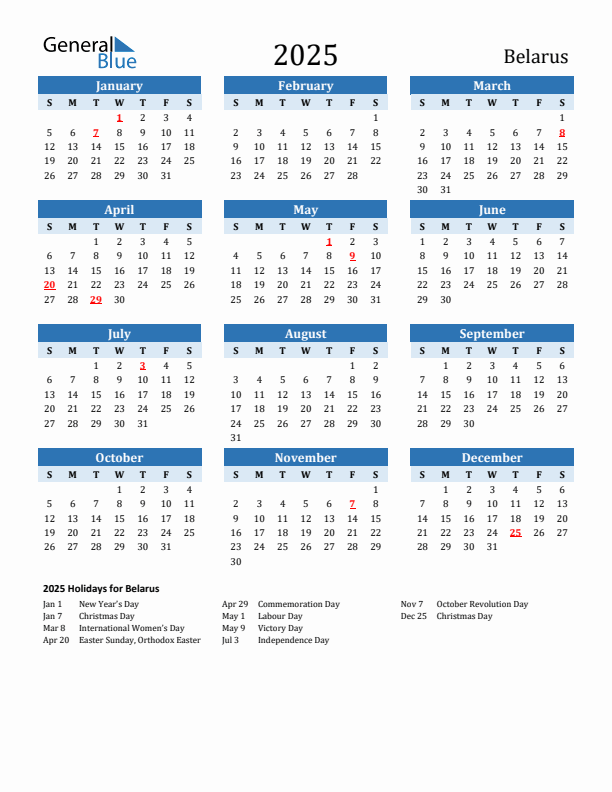Printable Calendar 2025 with Belarus Holidays (Sunday Start)
