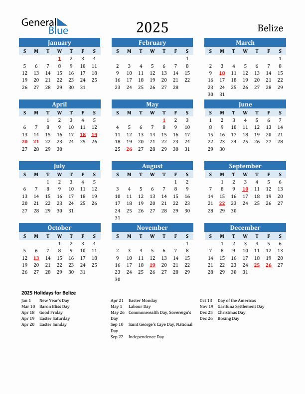 Printable Calendar 2025 with Belize Holidays (Sunday Start)