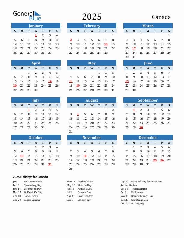 Printable Calendar 2025 with Canada Holidays (Sunday Start)