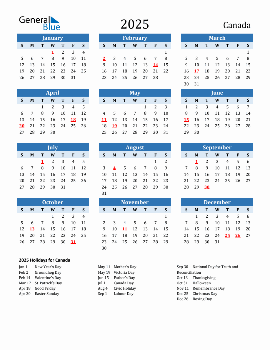 2025 Printable Calendar with Canada Holidays