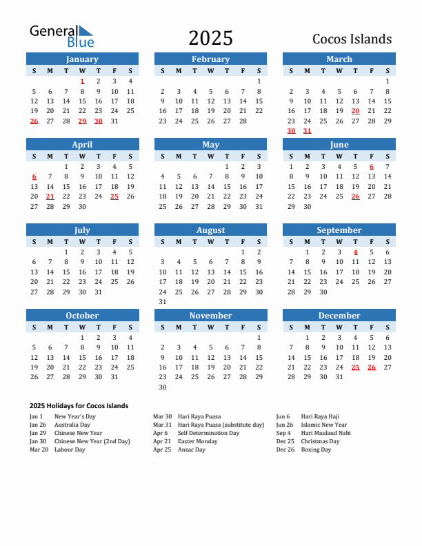 Printable Calendar 2025 with Cocos Islands Holidays (Sunday Start)