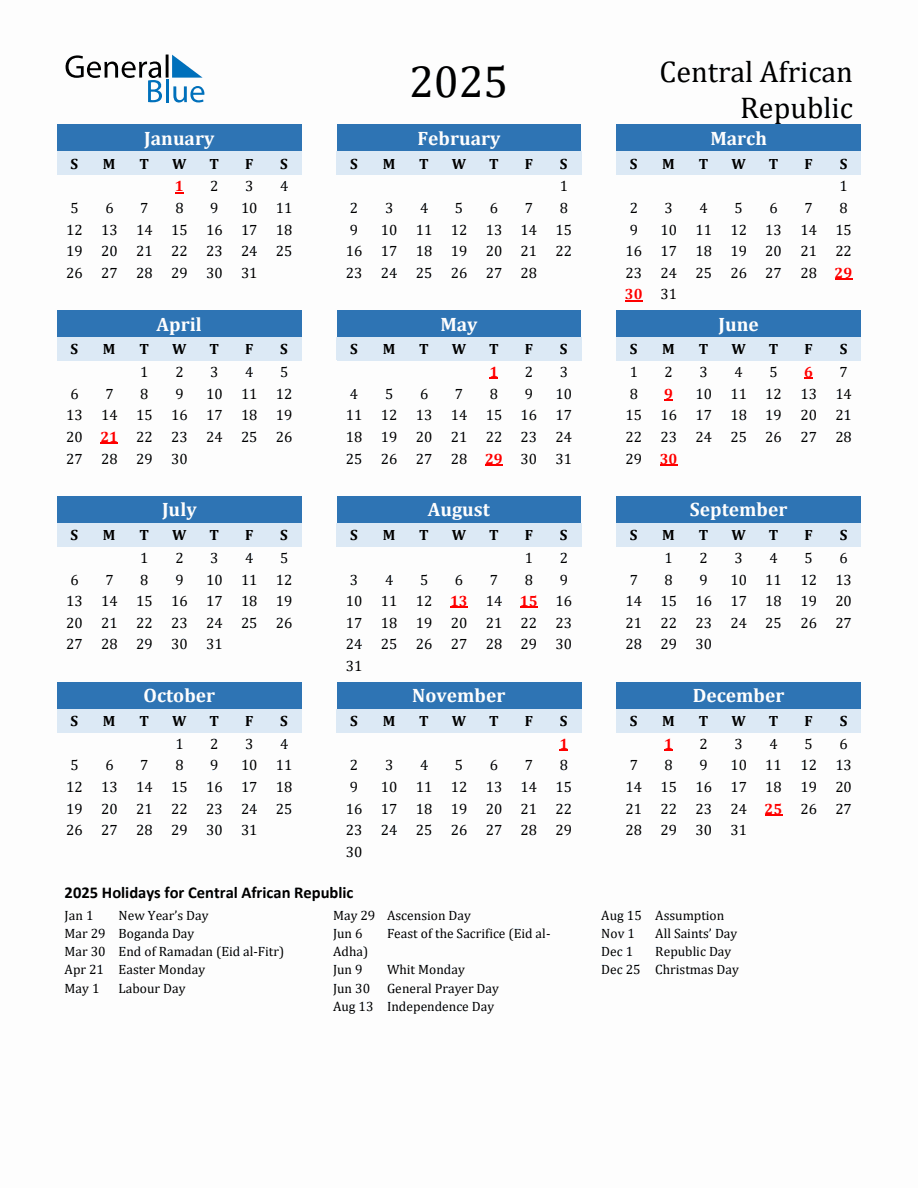 2025 Printable Calendar with Central African Republic Holidays