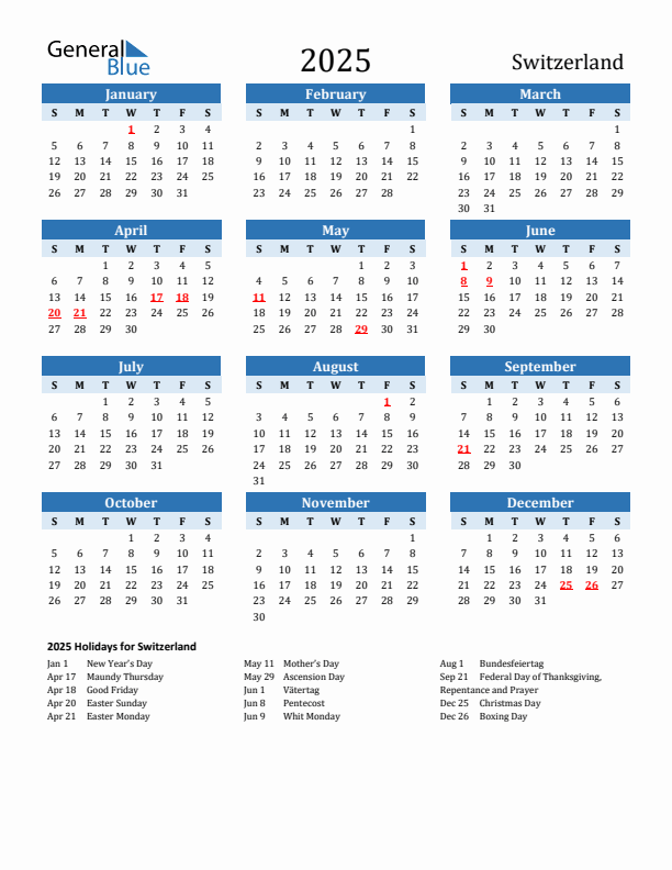 Printable Calendar 2025 with Switzerland Holidays (Sunday Start)