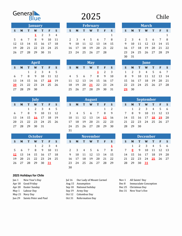 Printable Calendar 2025 with Chile Holidays (Sunday Start)