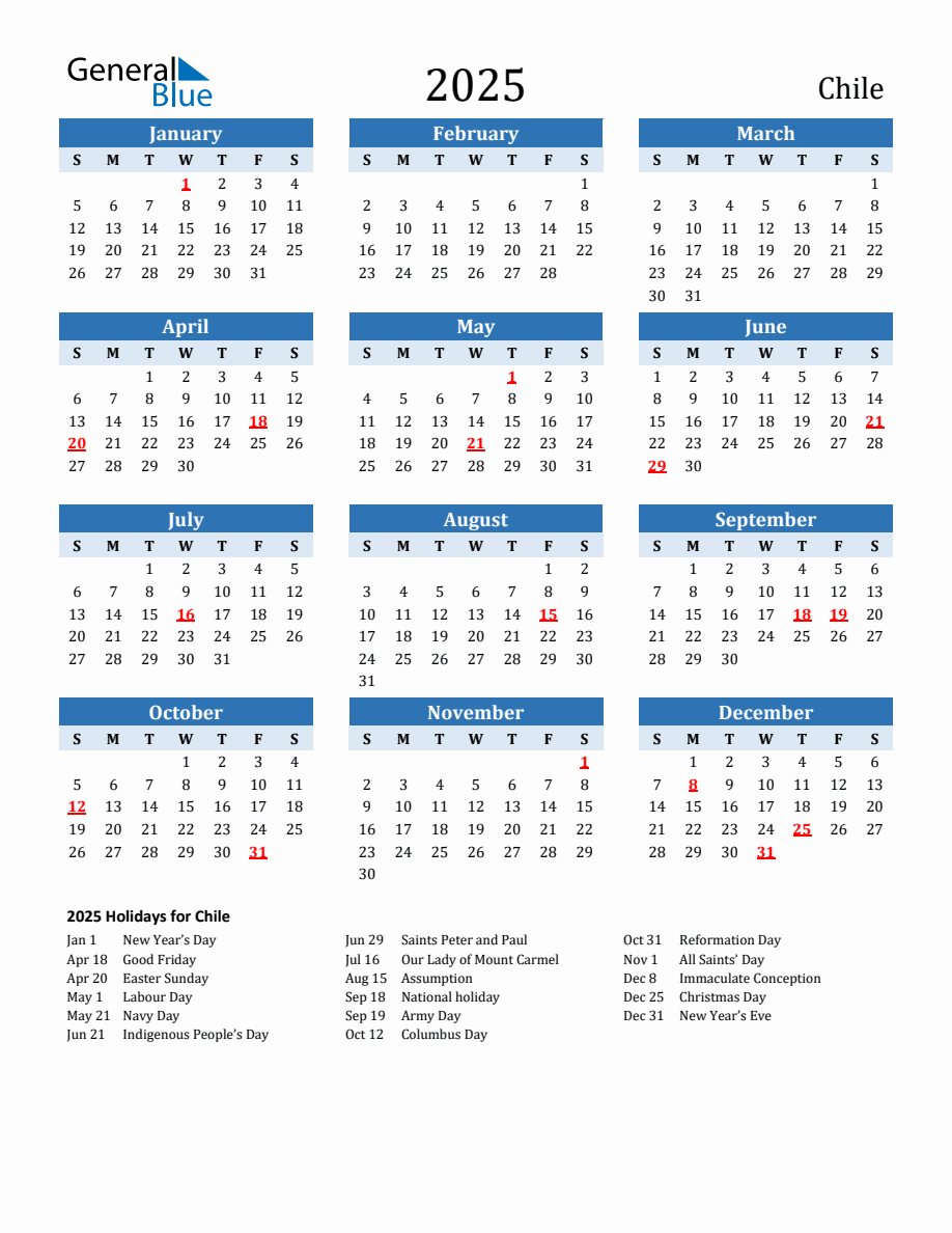 2025 Printable Calendar with Chile Holidays