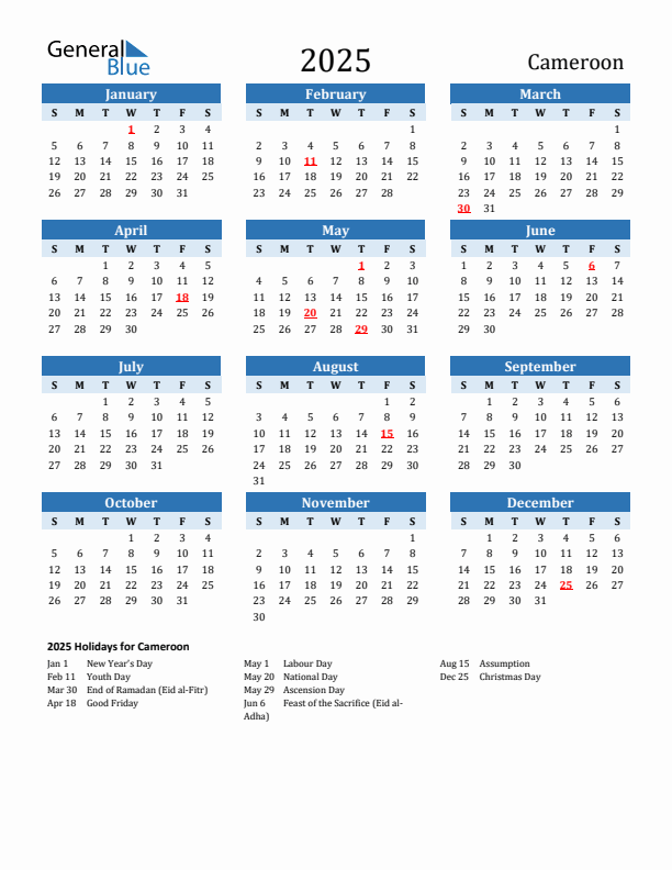 Printable Calendar 2025 with Cameroon Holidays (Sunday Start)