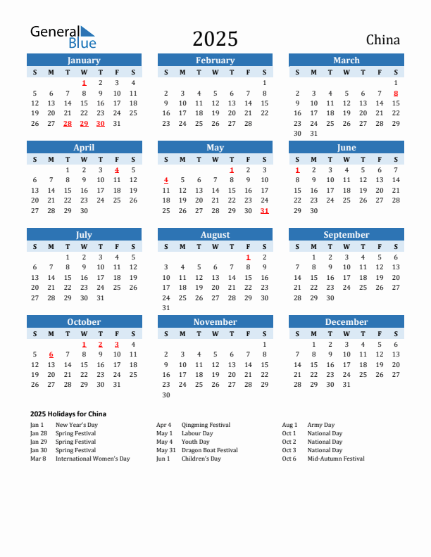 Printable Calendar 2025 with China Holidays (Sunday Start)