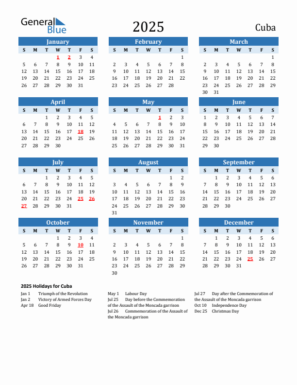 Printable Calendar 2025 with Cuba Holidays (Sunday Start)