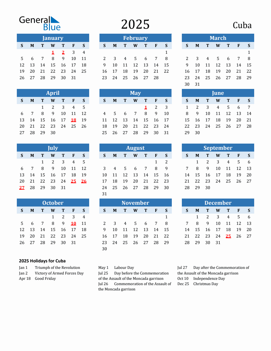 2025 Printable Calendar with Cuba Holidays