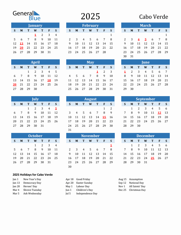 Printable Calendar 2025 with Cabo Verde Holidays (Sunday Start)
