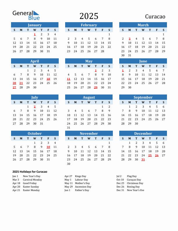Printable Calendar 2025 with Curacao Holidays (Sunday Start)