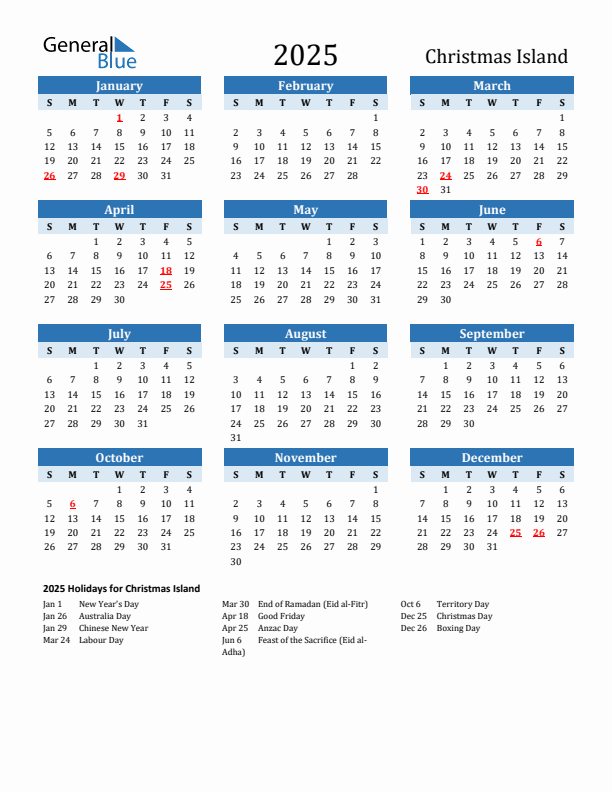 Printable Calendar 2025 with Christmas Island Holidays (Sunday Start)