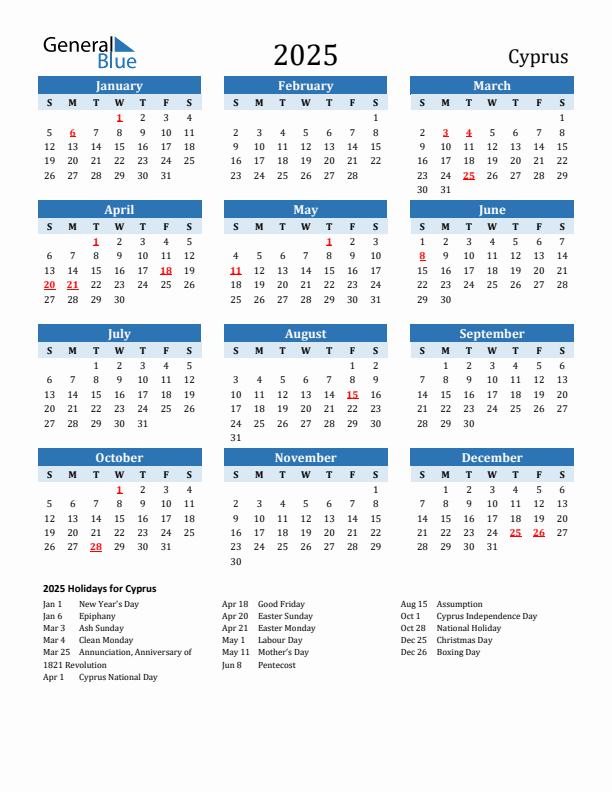 Printable Calendar 2025 with Cyprus Holidays (Sunday Start)