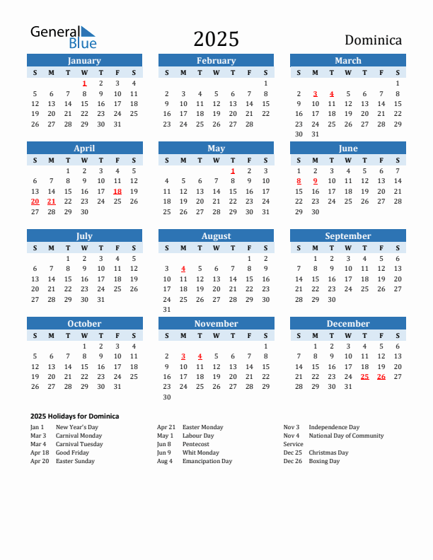 Printable Calendar 2025 with Dominica Holidays (Sunday Start)