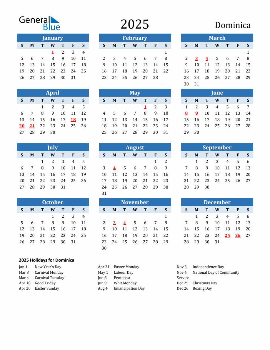 2025 Printable Calendar with Dominica Holidays