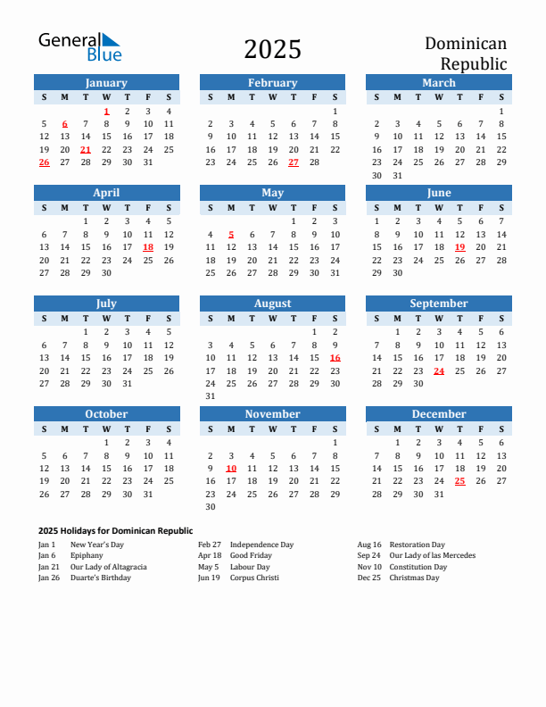 Printable Calendar 2025 with Dominican Republic Holidays (Sunday Start)
