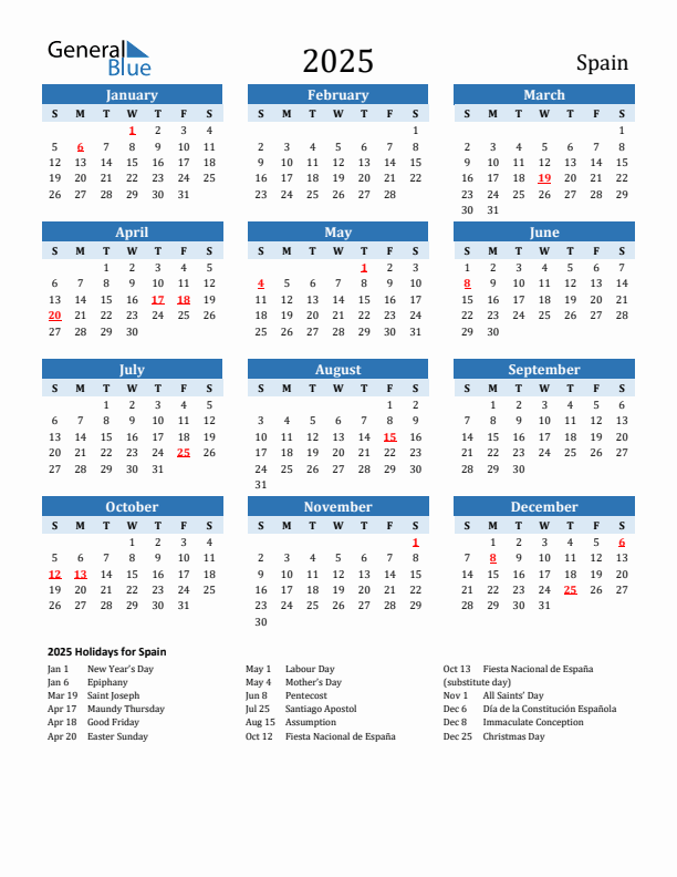 Printable Calendar 2025 with Spain Holidays (Sunday Start)
