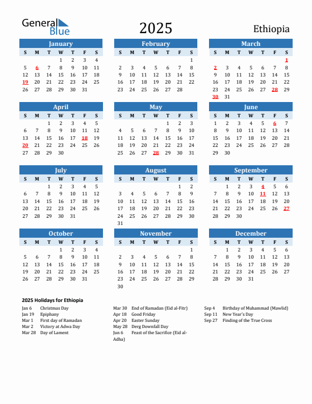Printable Calendar 2025 with Ethiopia Holidays (Sunday Start)