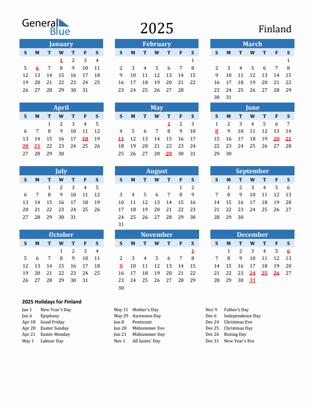 Printable Calendar 2025 with Finland Holidays (Sunday Start)