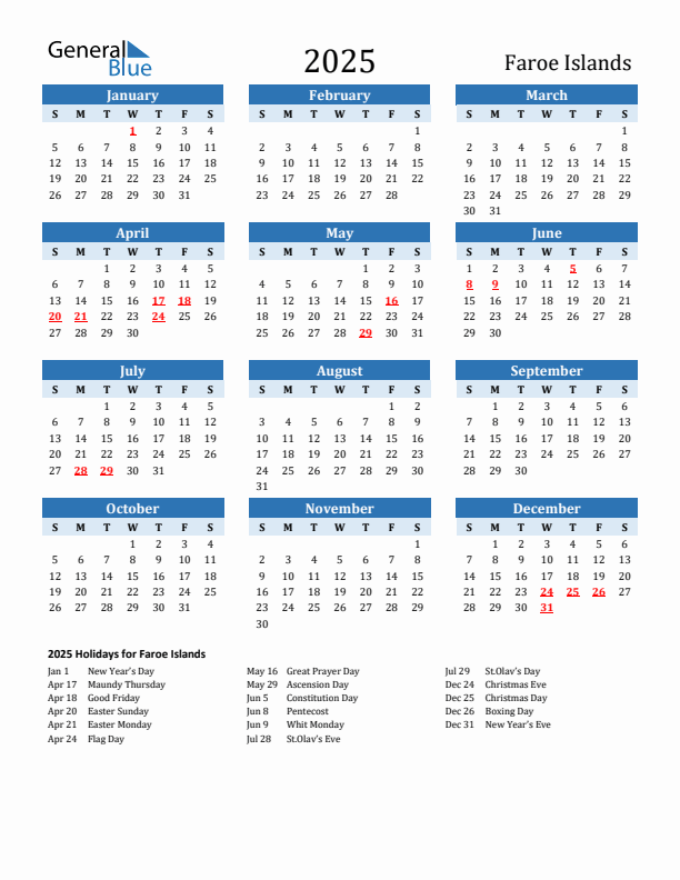 Printable Calendar 2025 with Faroe Islands Holidays (Sunday Start)