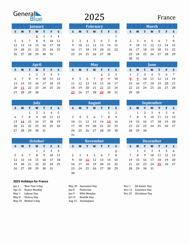 Printable Calendar 2025 with France Holidays (Sunday Start)