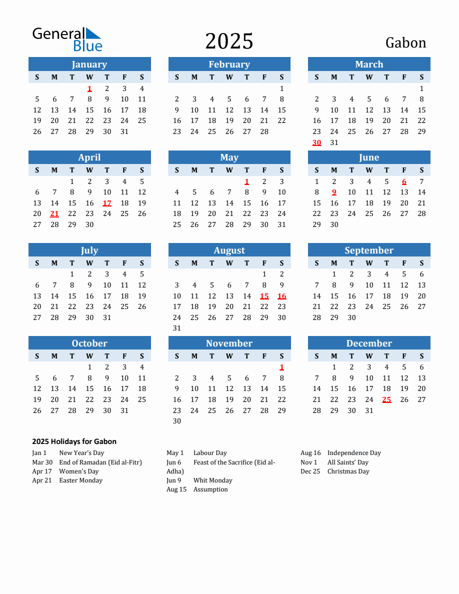 2025 Printable Calendar with Gabon Holidays