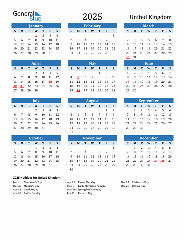 Printable Calendar 2025 with United Kingdom Holidays (Sunday Start)