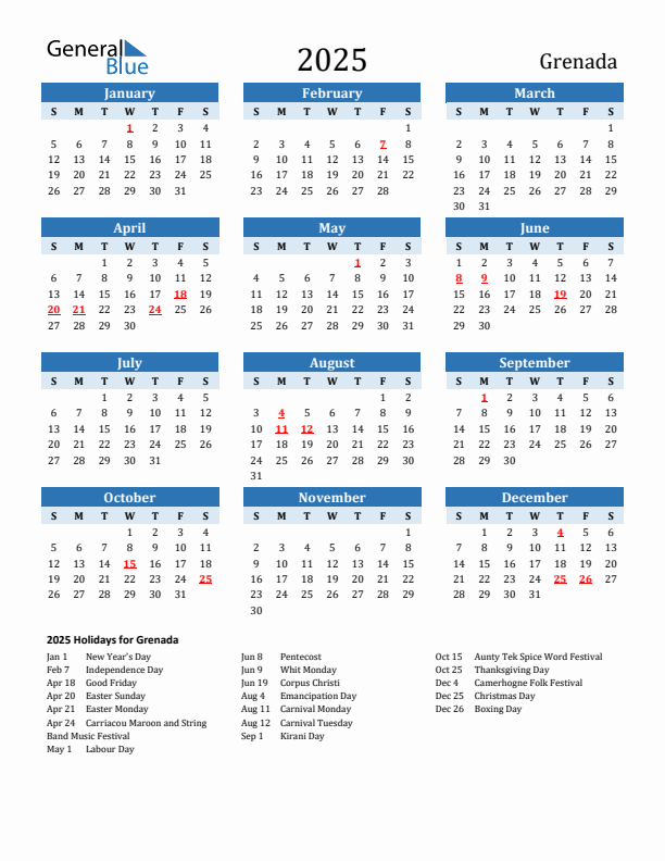 Printable Calendar 2025 with Grenada Holidays (Sunday Start)