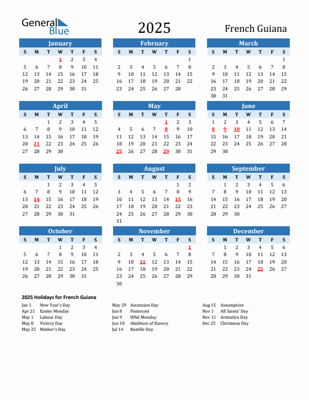 Printable Calendar 2025 with French Guiana Holidays (Sunday Start)