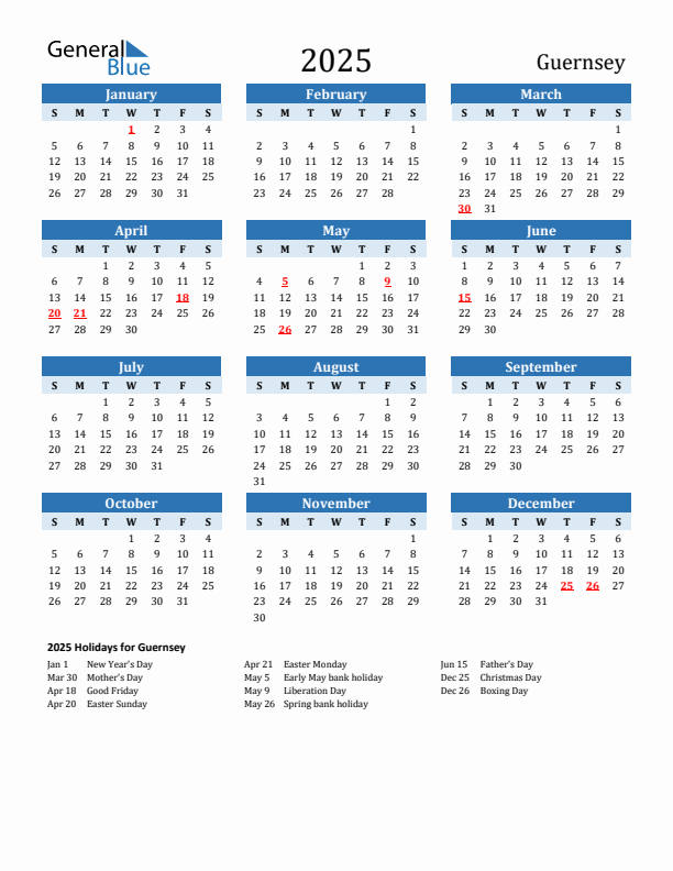 Printable Calendar 2025 with Guernsey Holidays (Sunday Start)