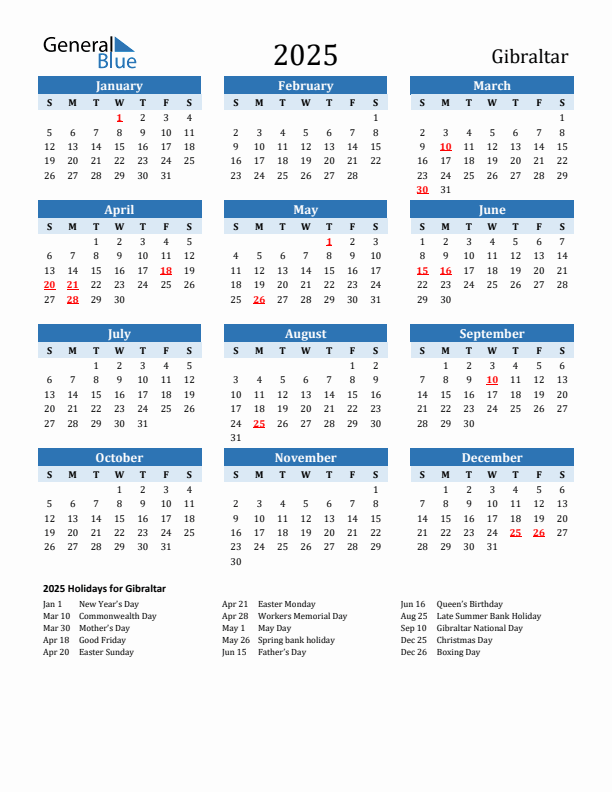 Printable Calendar 2025 with Gibraltar Holidays (Sunday Start)