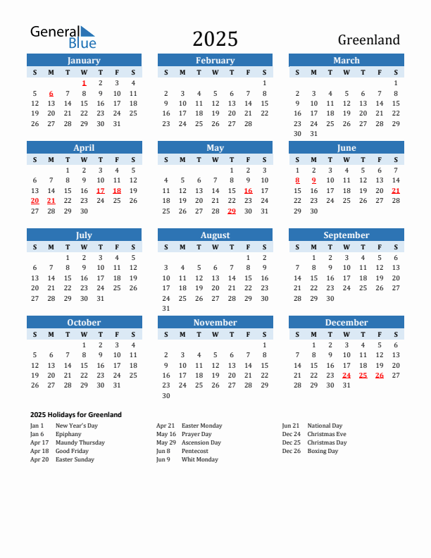 Printable Calendar 2025 with Greenland Holidays (Sunday Start)