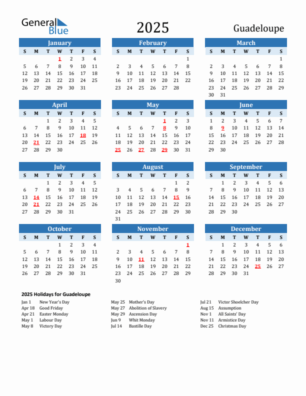 Printable Calendar 2025 with Guadeloupe Holidays (Sunday Start)