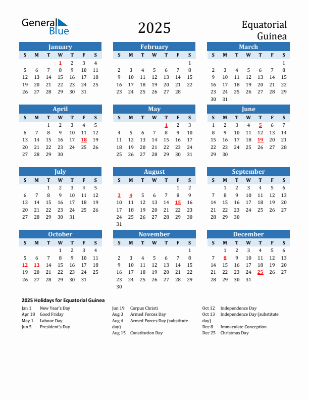 Printable Calendar 2025 with Equatorial Guinea Holidays (Sunday Start)