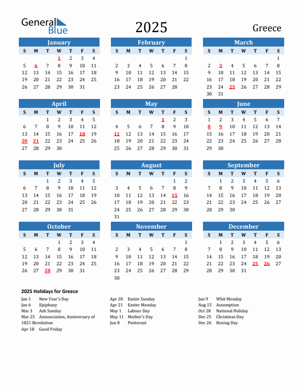 Printable Calendar 2025 with Greece Holidays (Sunday Start)