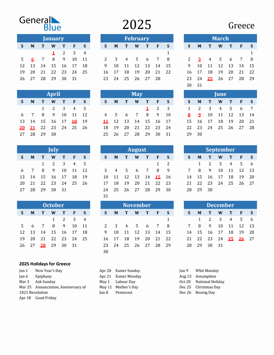 2025 Printable Calendar with Greece Holidays