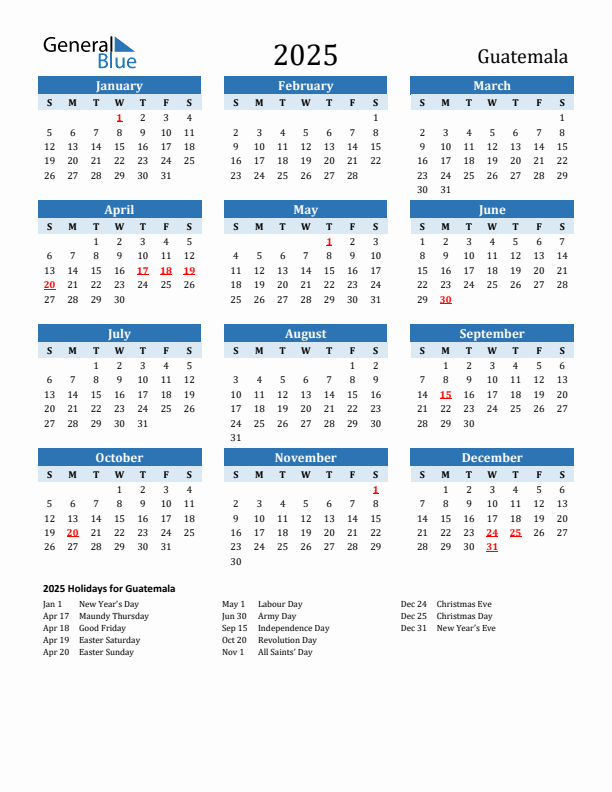 Printable Calendar 2025 with Guatemala Holidays (Sunday Start)