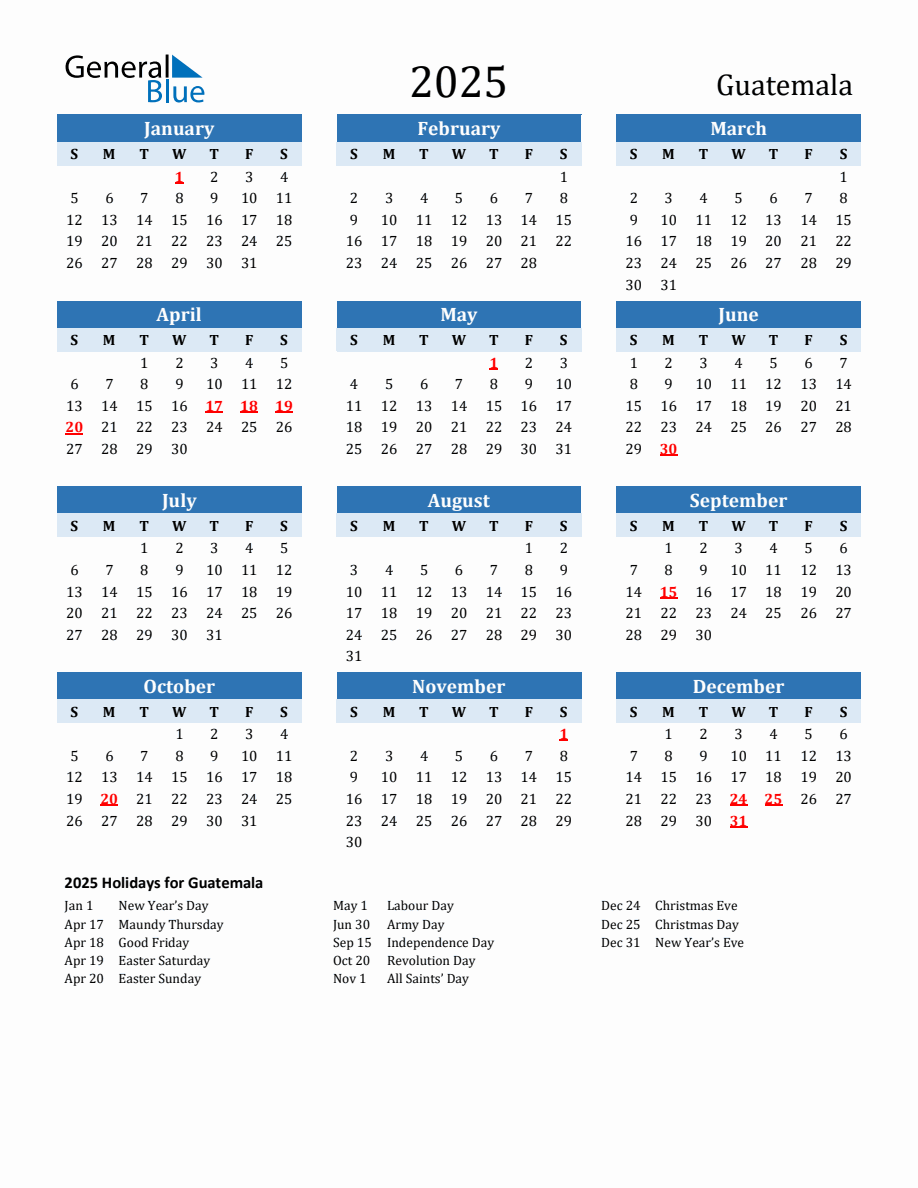 2025 Printable Calendar with Guatemala Holidays